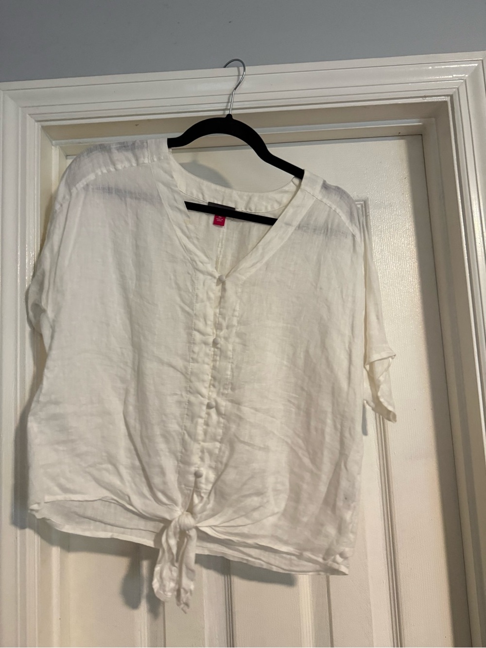 White Tie-Front Linen Blend Top